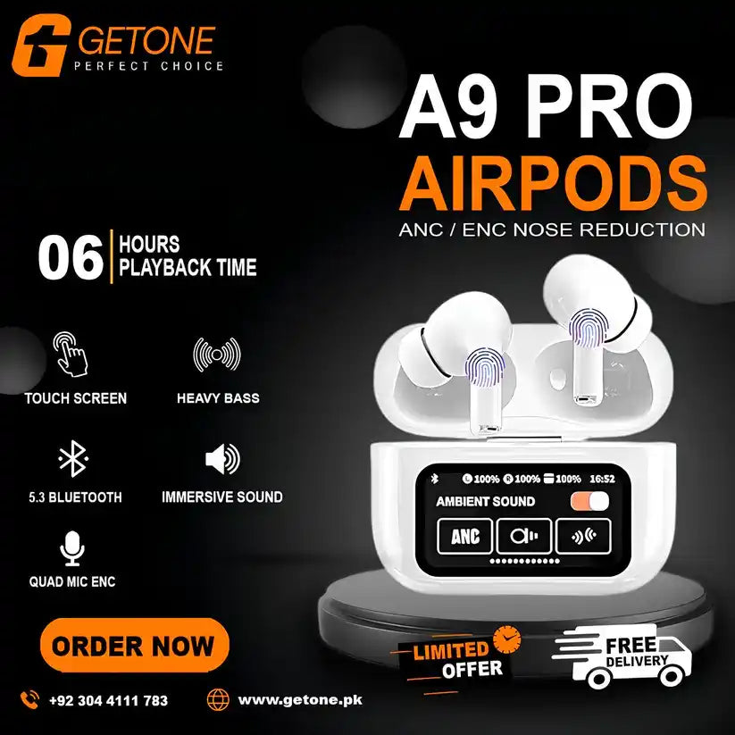 A9 Pro Touch Screen LED-ANC Airpods With Case - ( IMPORTED STOCK! )