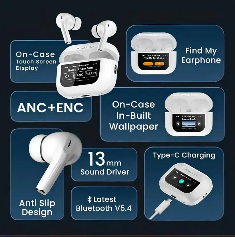 A9 Pro Touch Screen LED-ANC Airpods With Case - ( IMPORTED STOCK! )